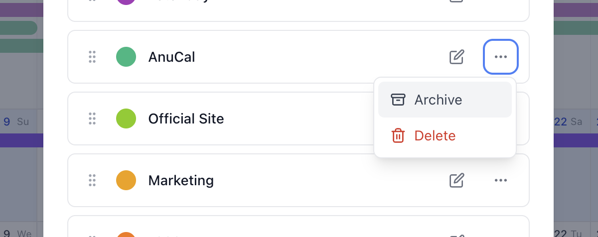 The category row menu in Category Settings, showing Archive above Delete