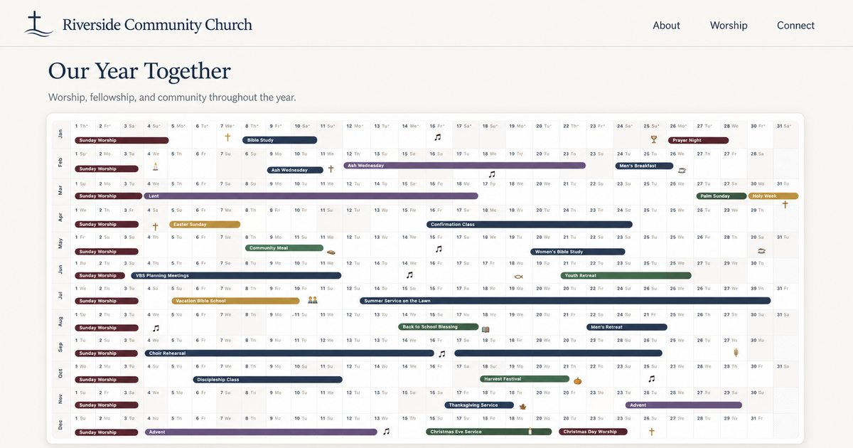 A church calendar page with an embedded AnuCal annual calendar
