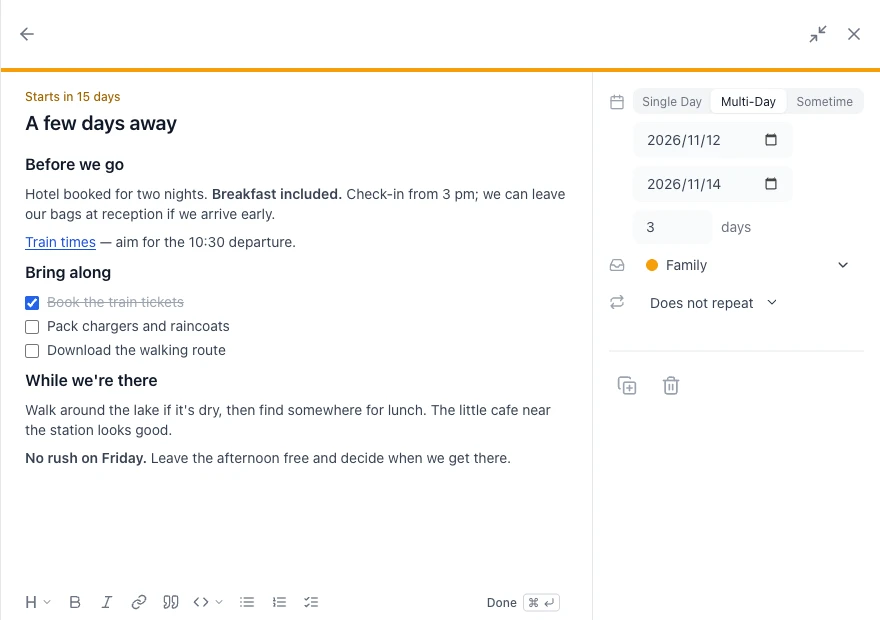 AnuCal's expanded event panel with hotel details, a train-times link, a packing checklist and plans for the trip, with the formatting toolbar below and dates and category on the right.