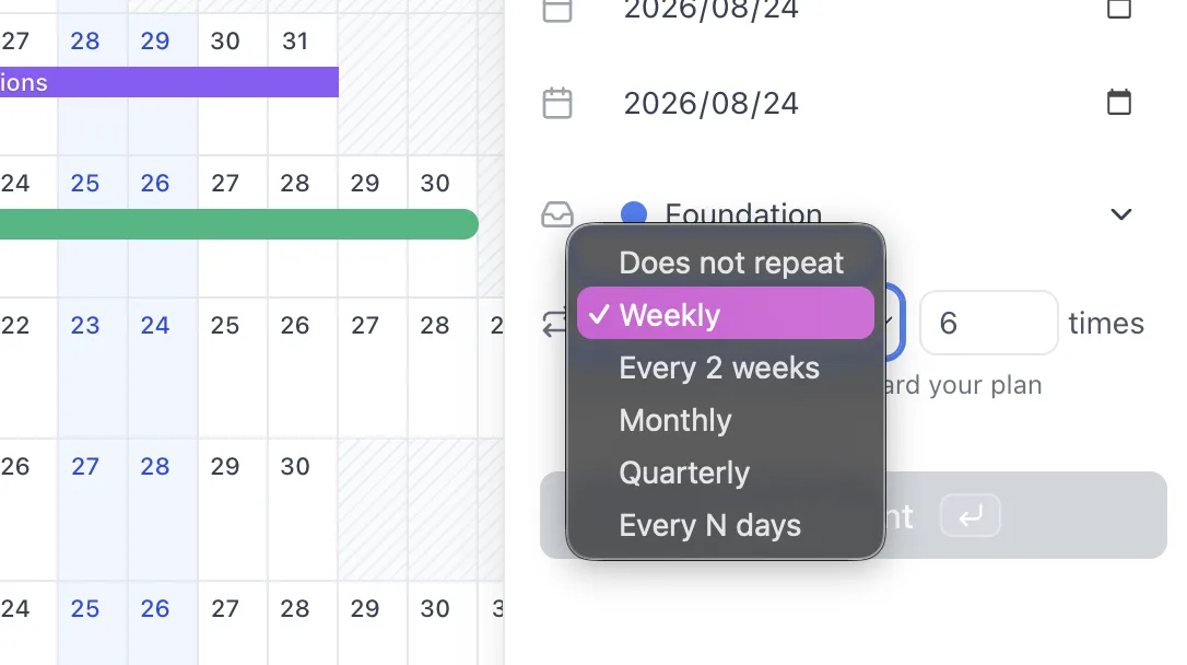 A year calendar with a weekly event repeating down the months as evenly spaced bars