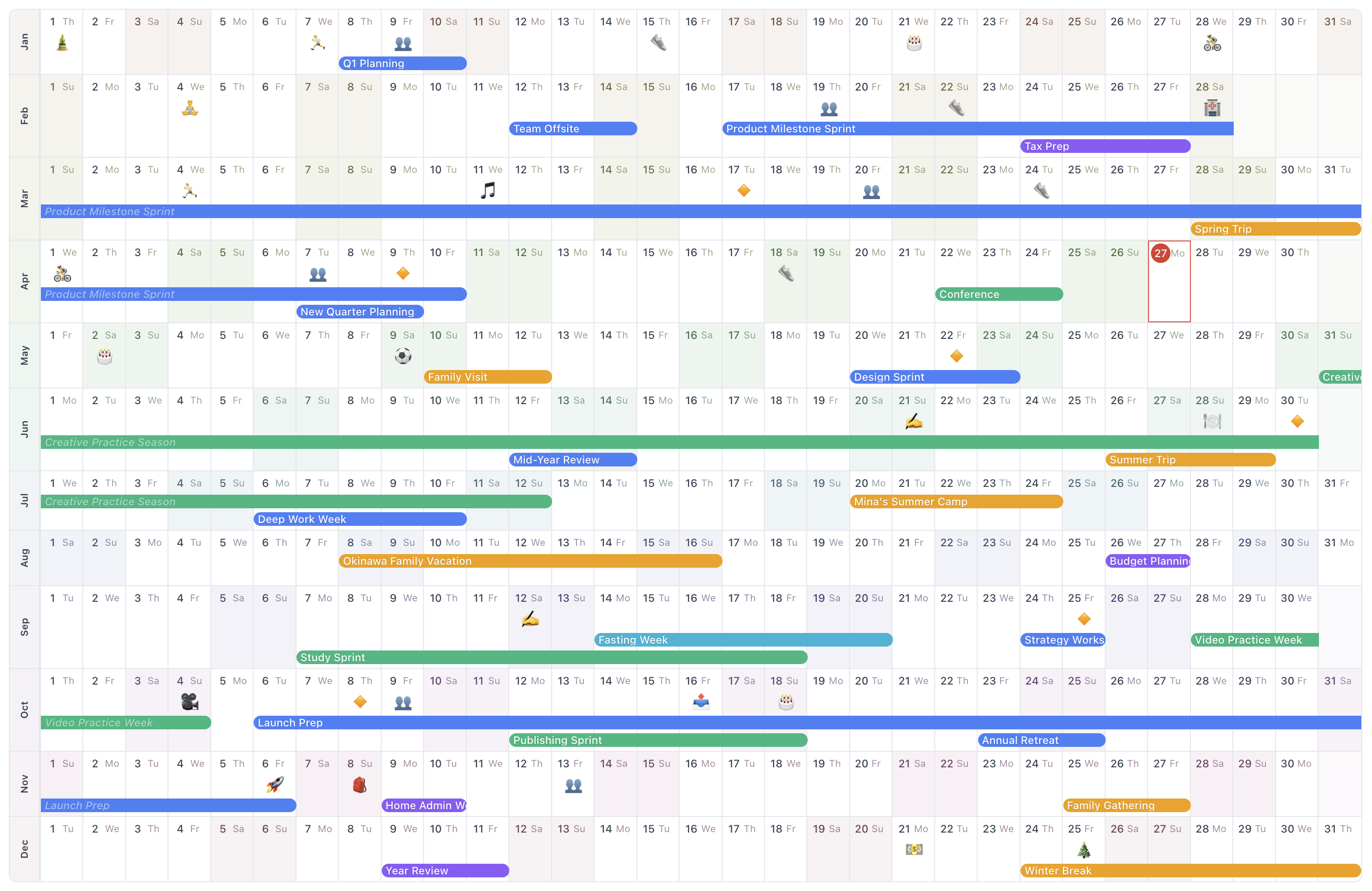 AnuCal annual calendar with emoji stamps and one-line notes attached to exact days