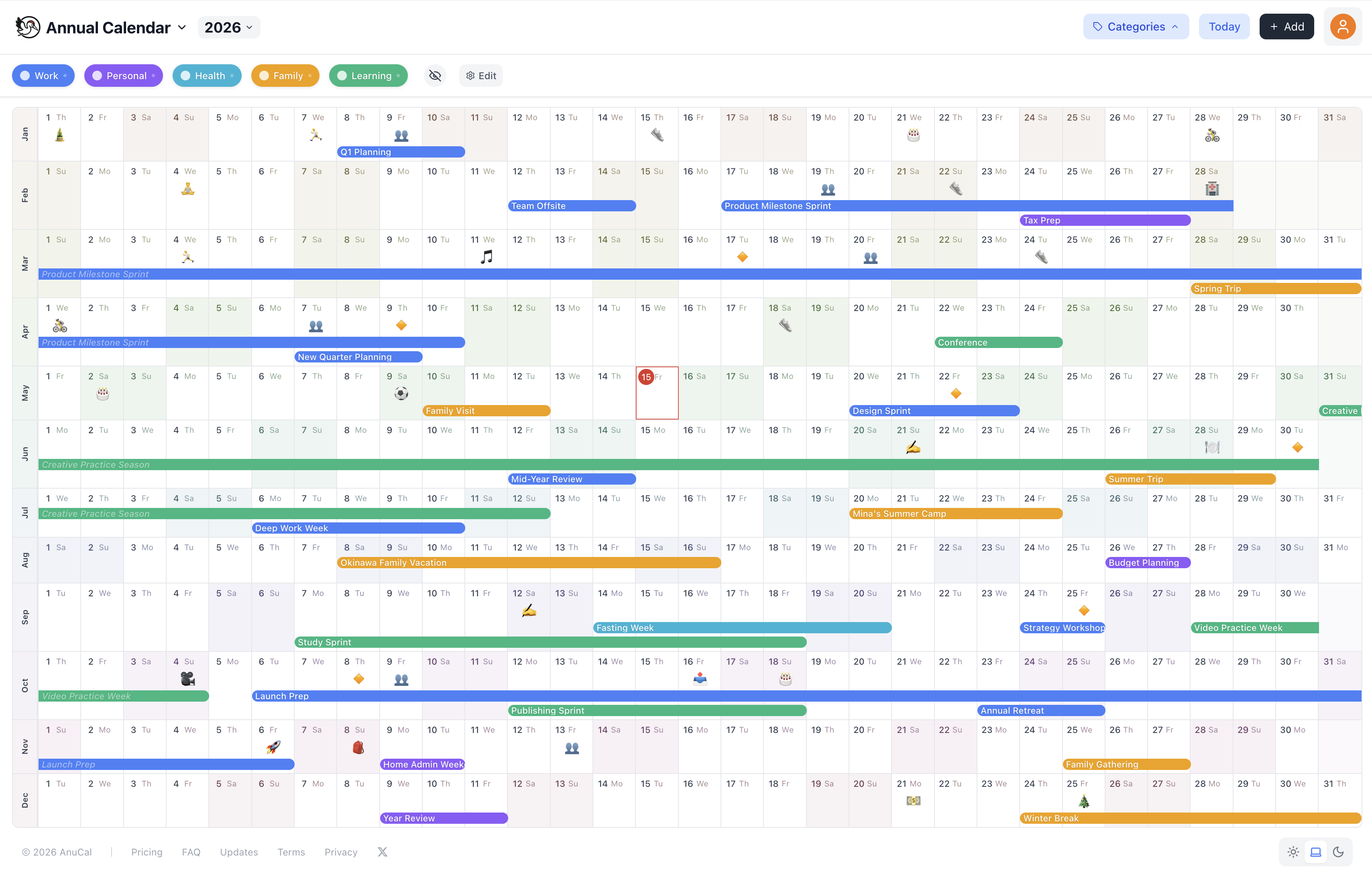 AnuCal annual calendar view with year-long plans, color-coded events, and emoji stamps