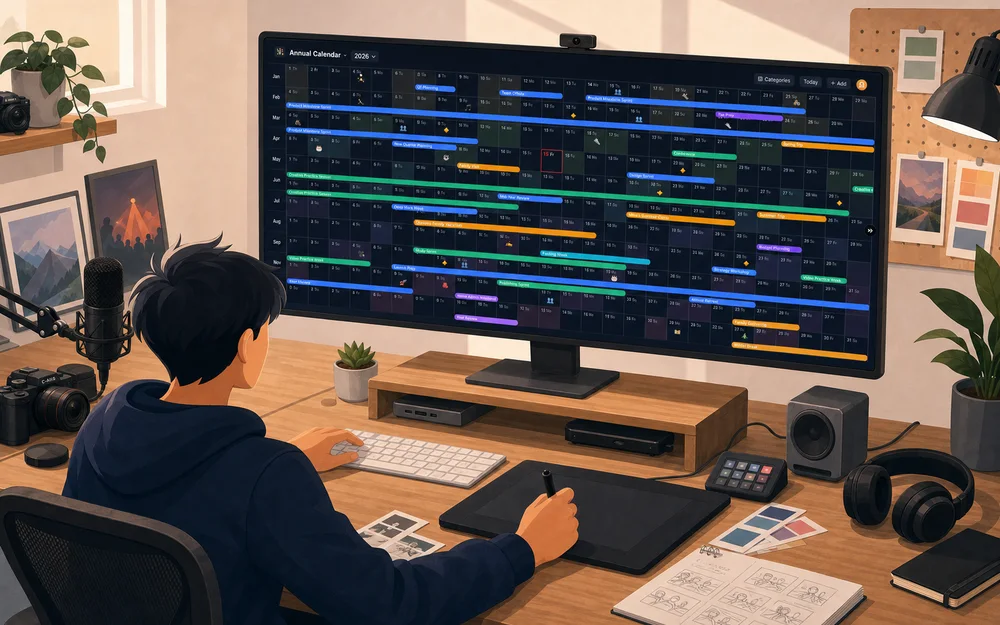 Semi-abstract creator working at an ultrawide desktop monitor showing AnuCal dark mode annual calendar
